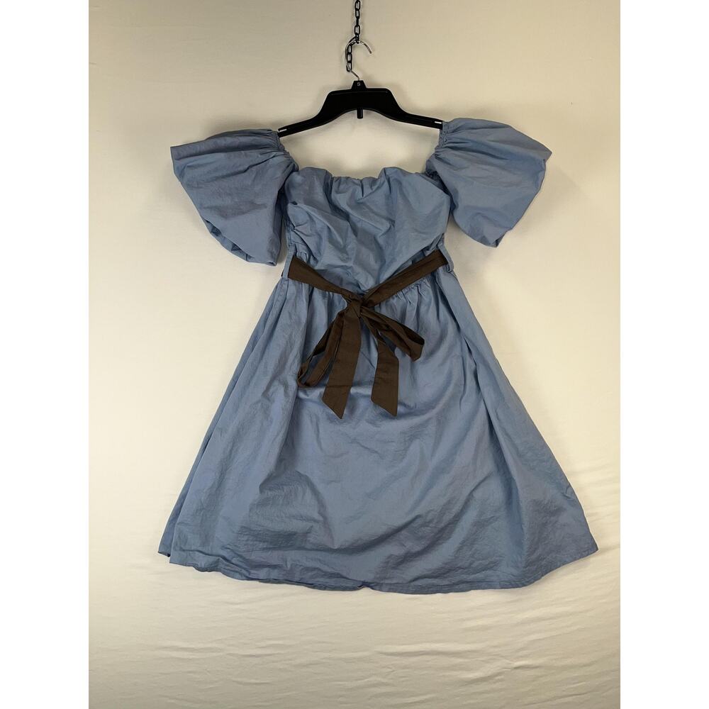 Sosia Dress Womens Small Blue Off Shoulder Puff Sleeve Belted Made Italy Cotton
